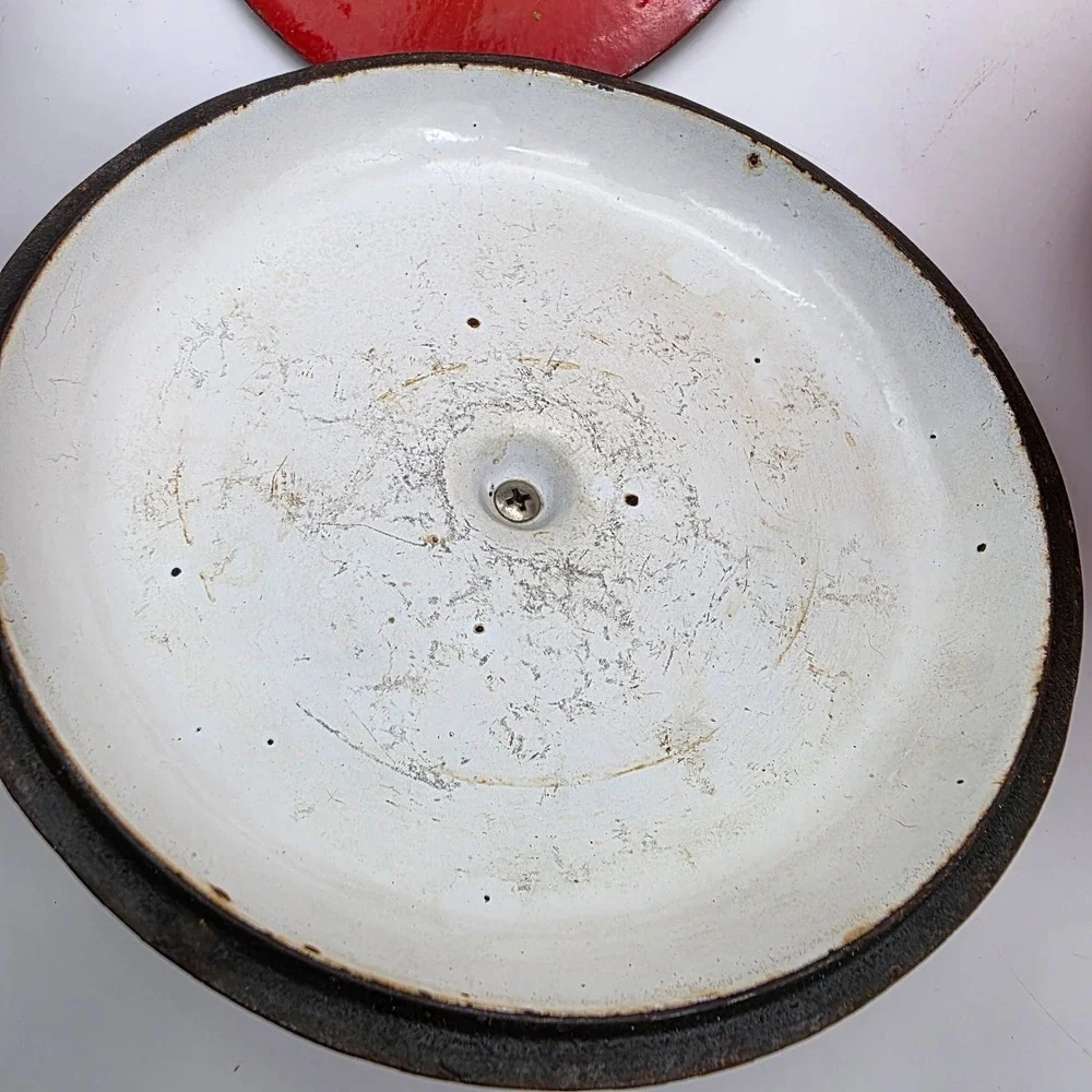 Vintage Unbranded #16 Pan, skillet, Casserole Flame Orange Enamel Cast Iron 70s?